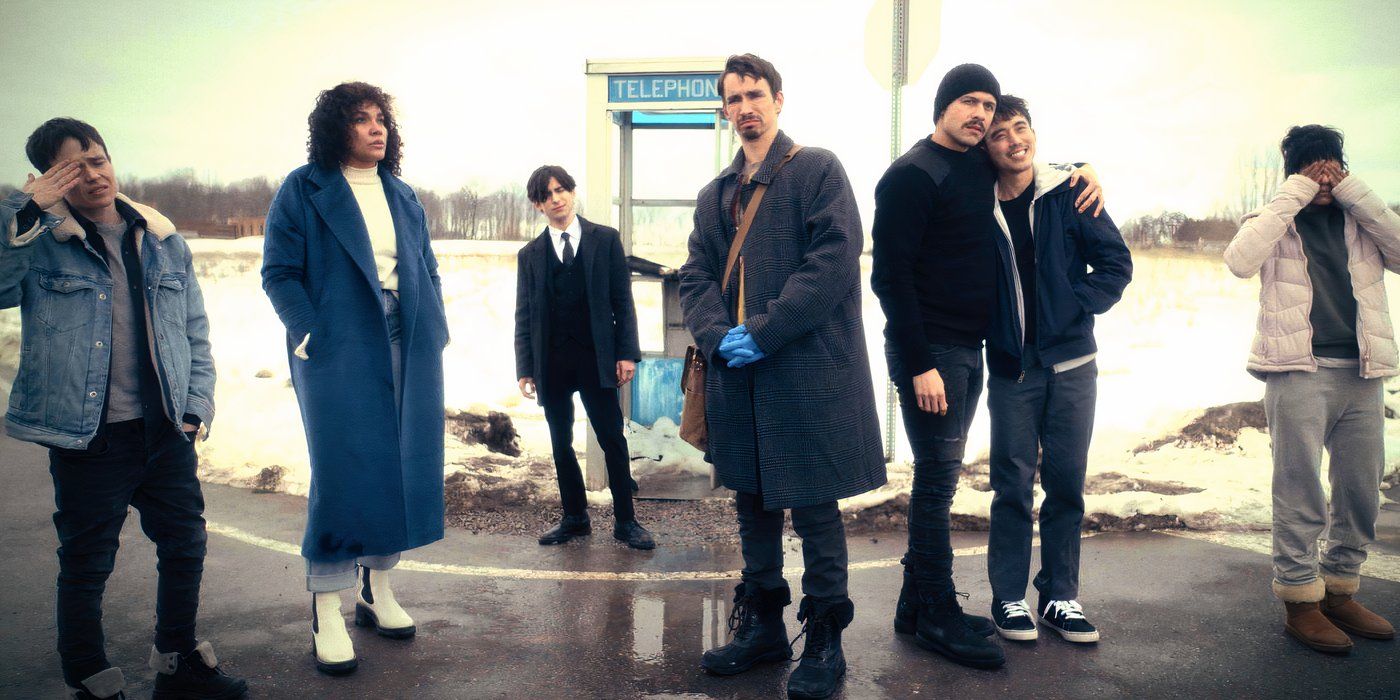 the Hargreeves siblings posing for an impromptu photo, with many looking disgruntled, in The Umbrella Academy season 4