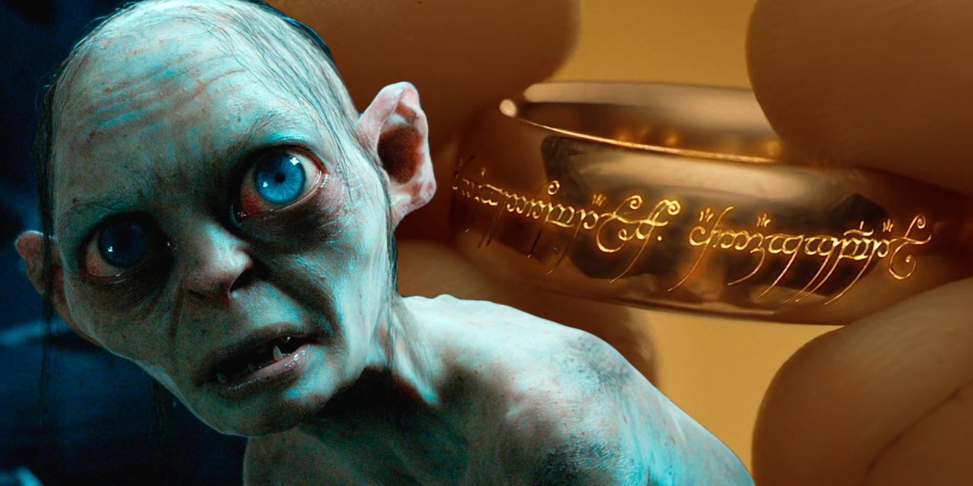 A composite image of Gollum looking sad in front of a closeup of the One Ring from The Lord of the Rings