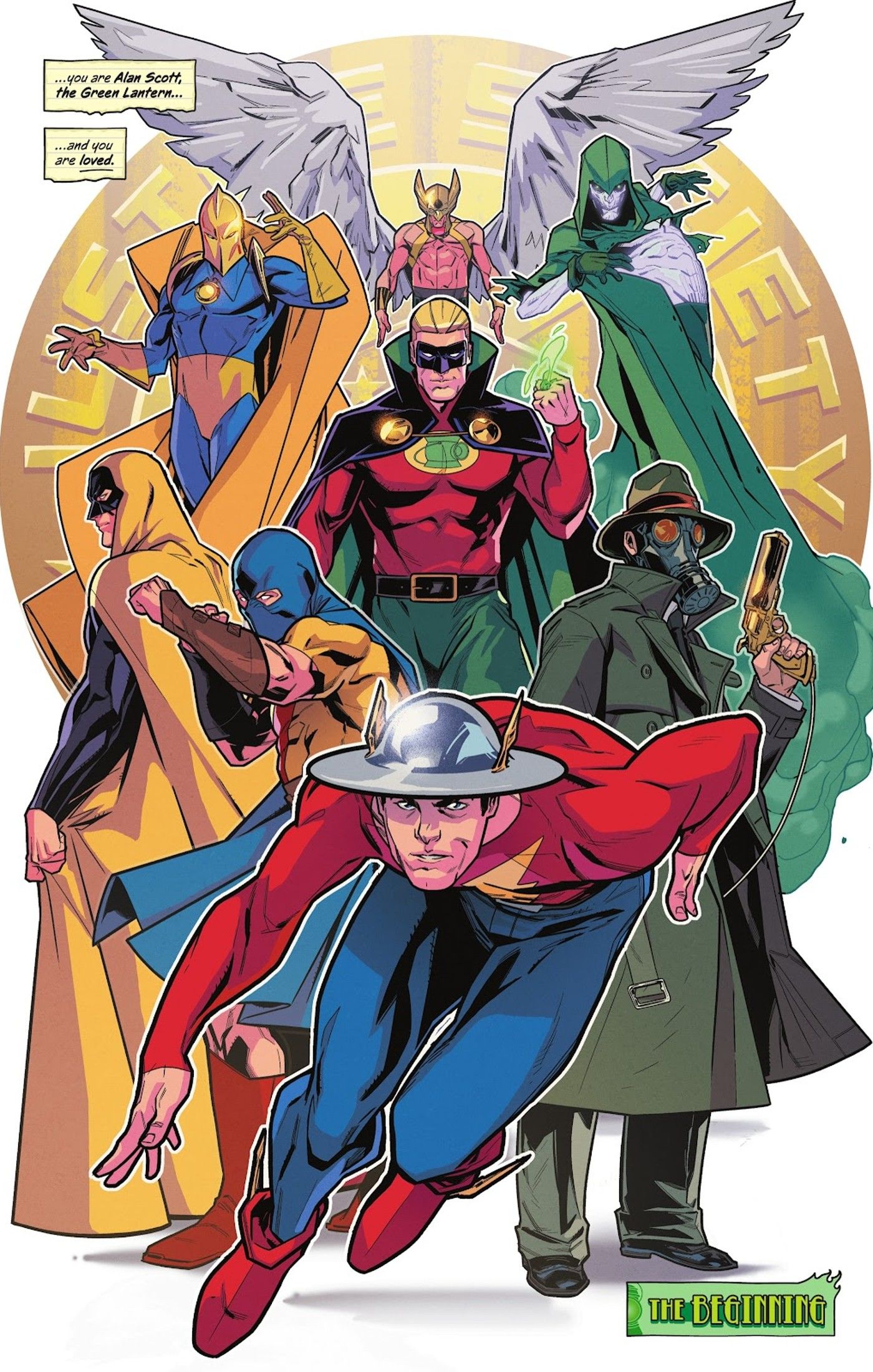 A Sociedade da Justiça da América JSA posam juntos como Alan Scott O Lanterna Verde Jay Garrick o Flash Hawkman Espectro