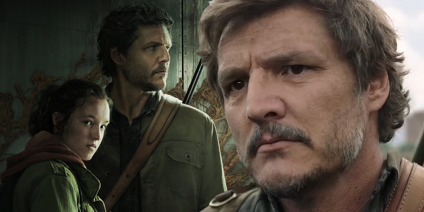 A composite image of Joel looking stoic with Joel and Ellie sneaking in The Last of Us season 1