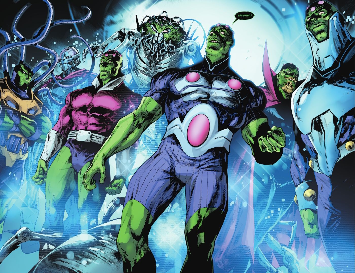 Comic book panel: The Light Is Revealed As The Council Of Brainiacs