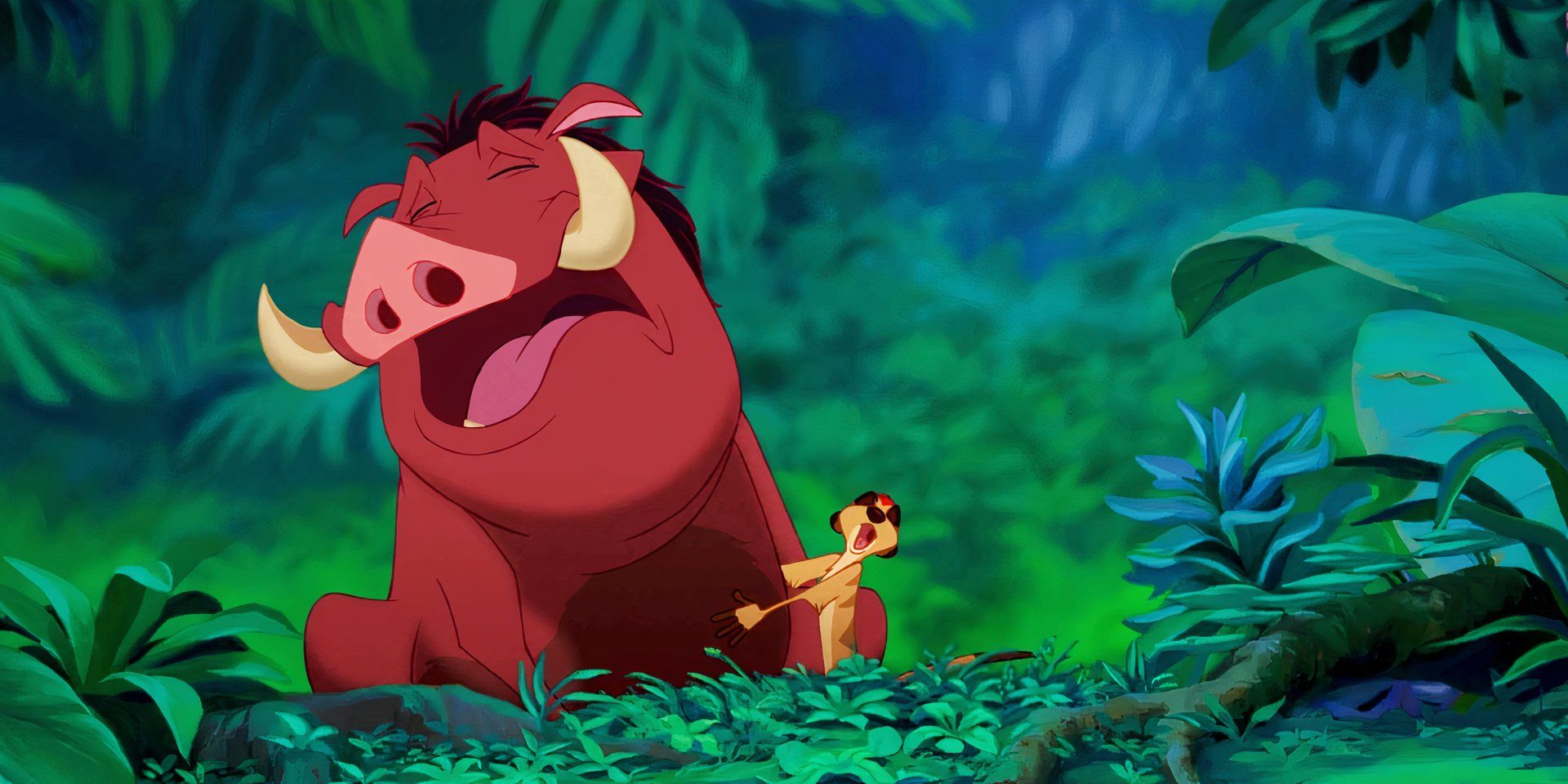 O Rei Leão Pumba e Timão cantando dramaticamente