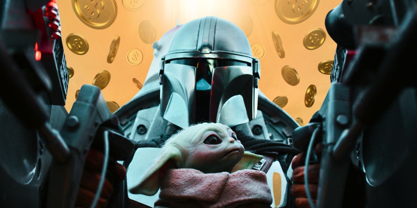 Din Djarin and Grogu in The Mandalorian's ship with gold coins floating in the background