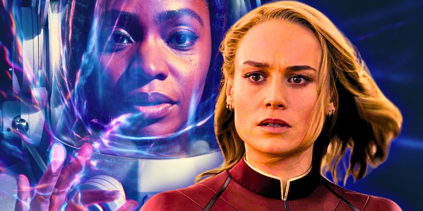 Split image of Monica Rambeau in space suit and Captain Marvel looking sad in the MCU 