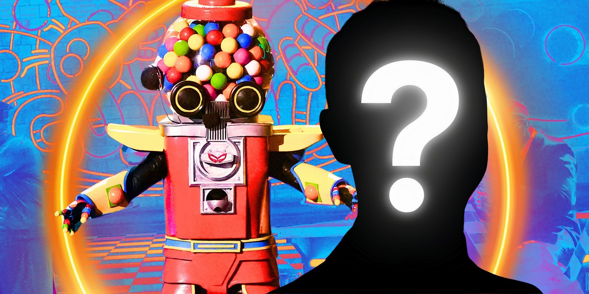 The Masked Singer's Gumball with his arms outstretched standing next to a mystery man.