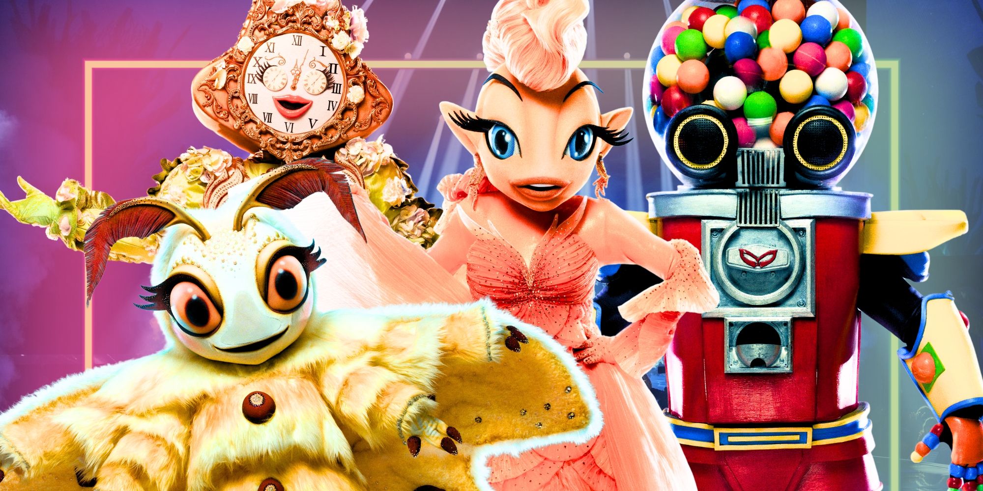 The Masked Singer Season 11's Poodle Moth, Clock, Goldfish and Gumball pose next to each other.