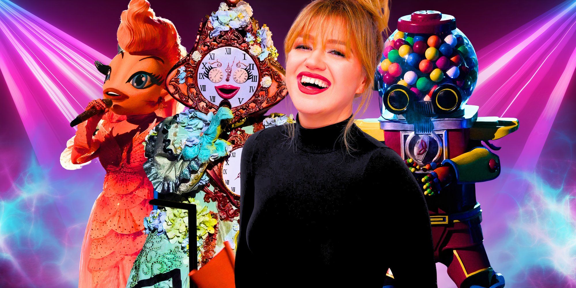 Kelly Clarkson smiles, and The Masked Singer's Goldfish, Clock and Gumball perform behind her.