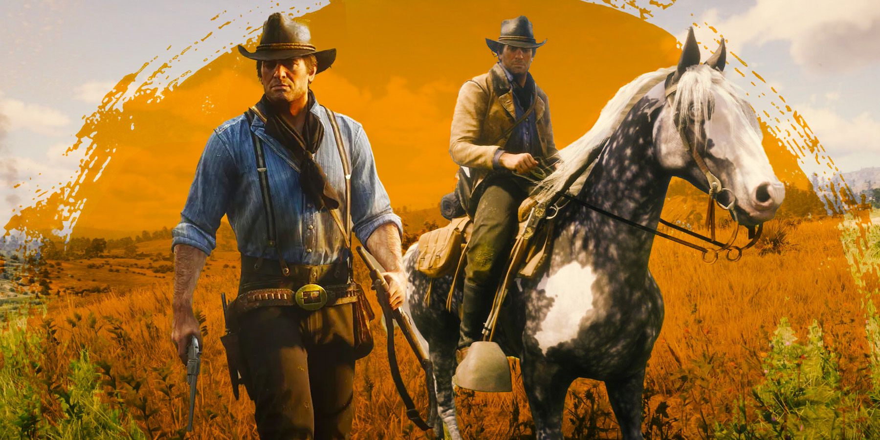Arthur with a lasso and Arthur on top of the Missouri Fox Trotter in Red Dead Redemption 2