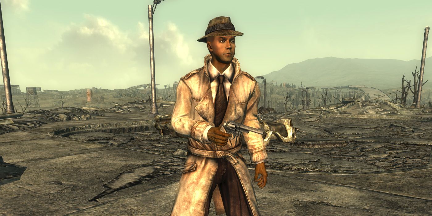 The Mysterious Stranger as he appears in Fallout 3 and New Vegas, standing on a ruined street and aiming his pistol.