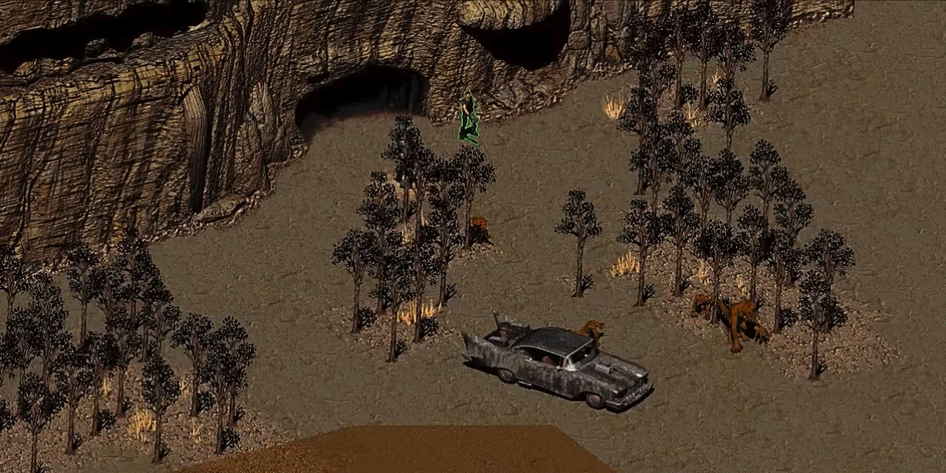 The Mysterious Stranger (highlighted in green) as he appears in Fallout 2, aiming his gun at a small group of Deathclaws.