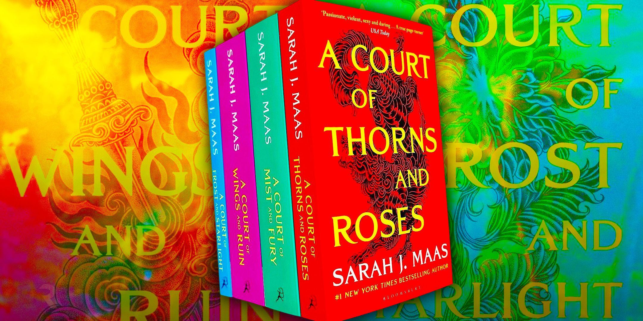 Uma pilha de livros de Corte de Espinhos e Rosas, de Sarah J. Maas, contra um fundo colorido