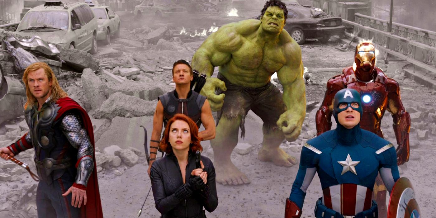 The original six Avengers stand together during the Battle of New York in The Avengers (2012)