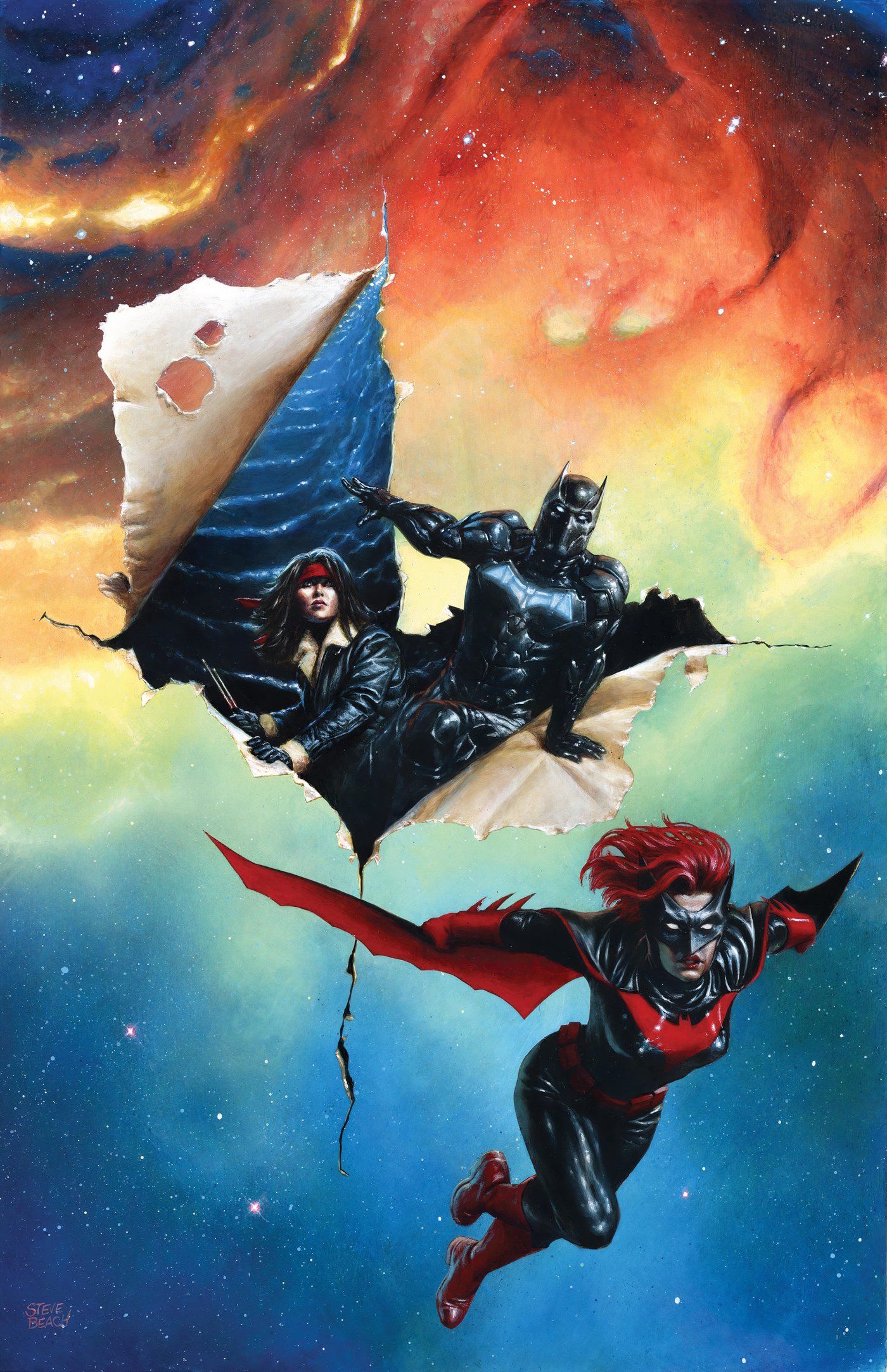 Outsiders 9 Beach Variant Cover: Drummer, Batwing, and Batwoman exploring the universe.