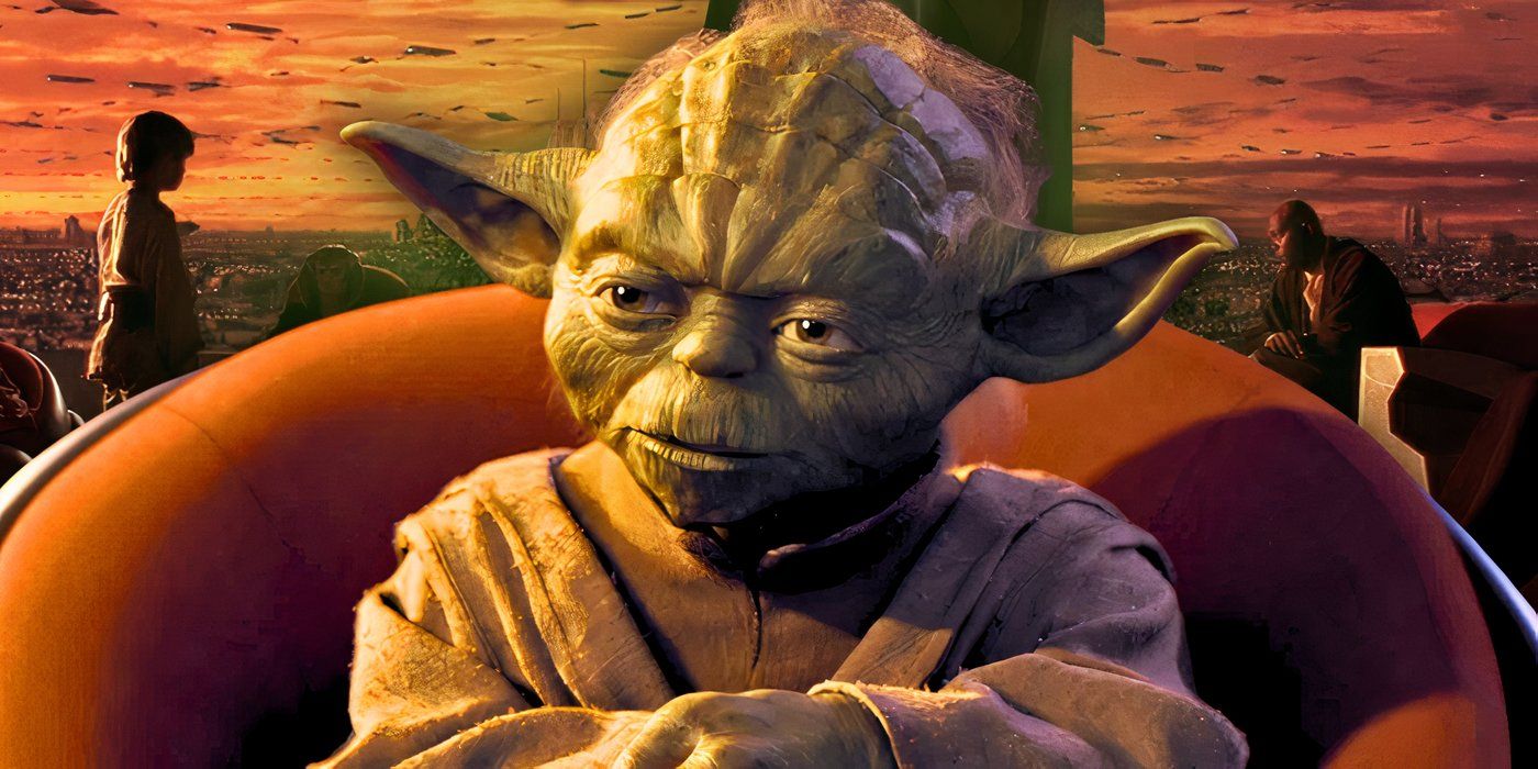 Master Yoda in the foreground with Anakin standing before the Council in The Phantom Menace in the background