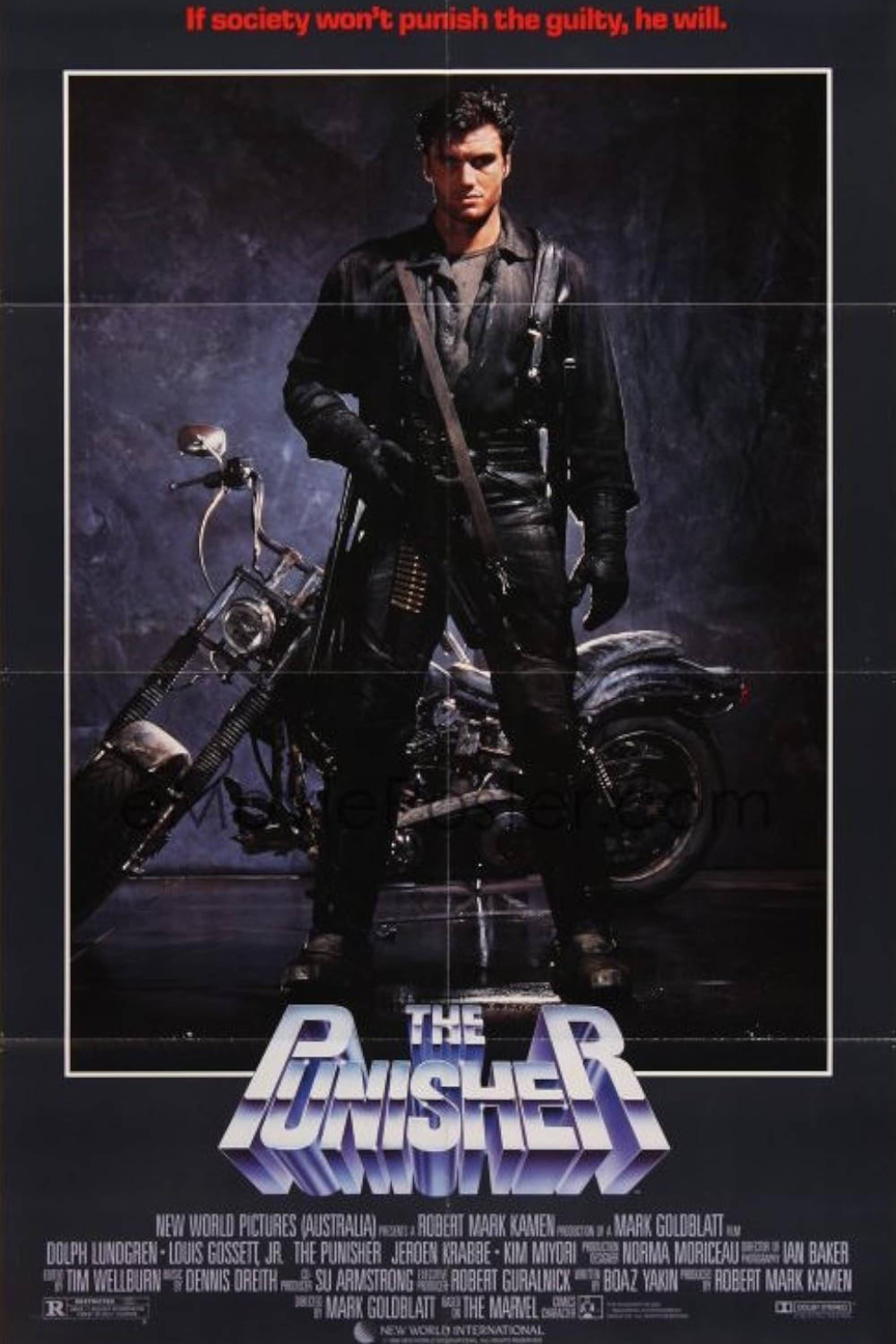 The Punisher (1989) - Pôster - Dolph Lundgren Com metralhadora e motocicleta