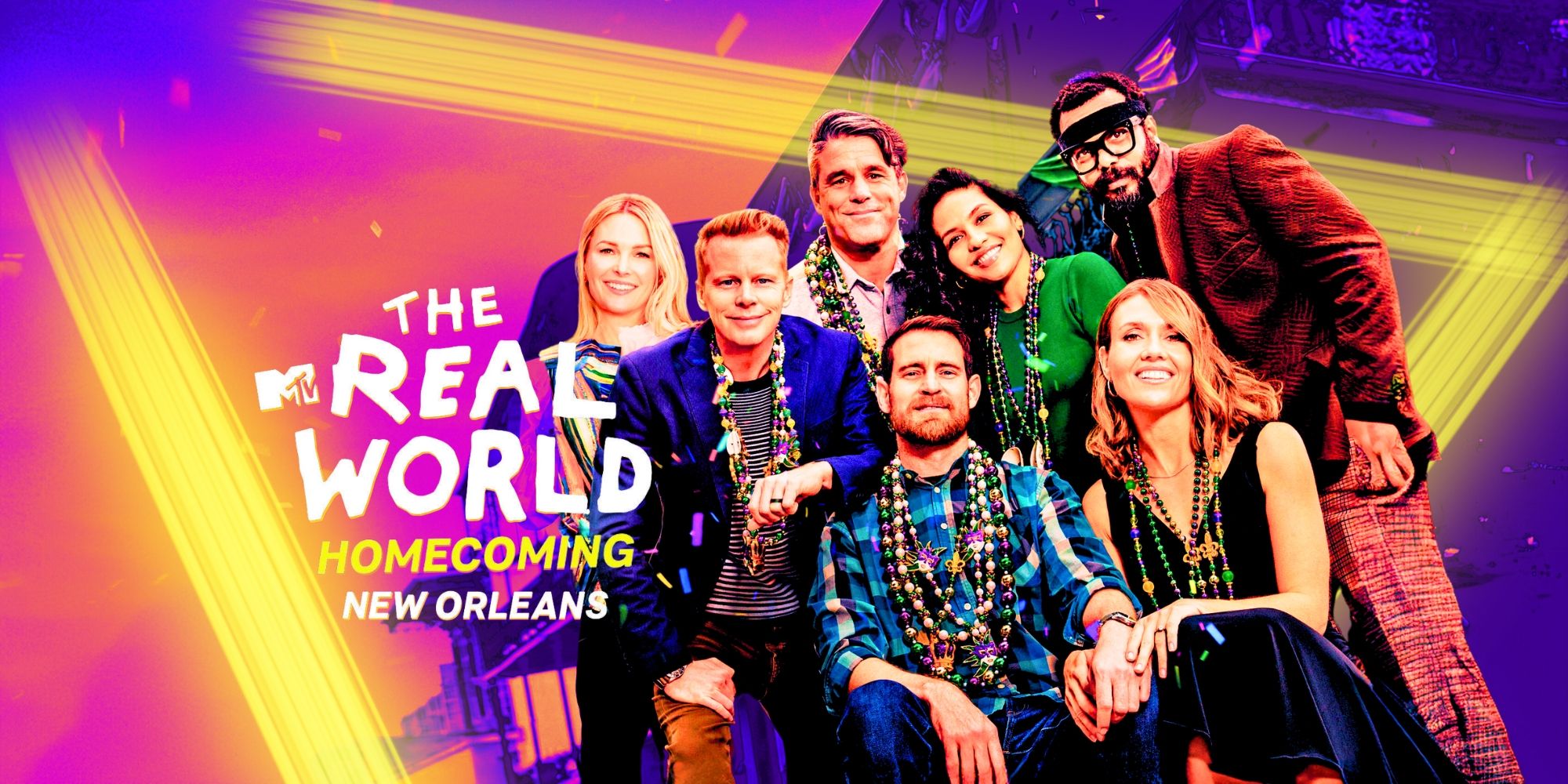 The Real World New Orleans Homecoming cast posing for promo pic with show logo