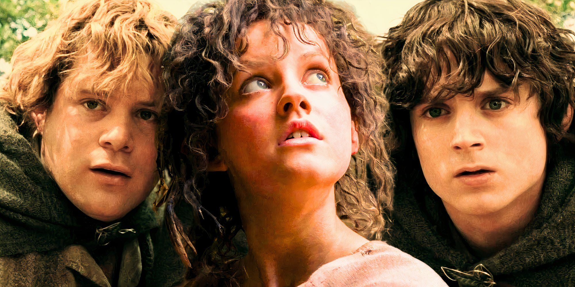 Markella Kavenagh looking up as Nori Brandyfoot in The Rings of Power (2022) between Sean Astin and Elijah Wood as Sam and Frodo from The Fellowship of the Ring (2001)