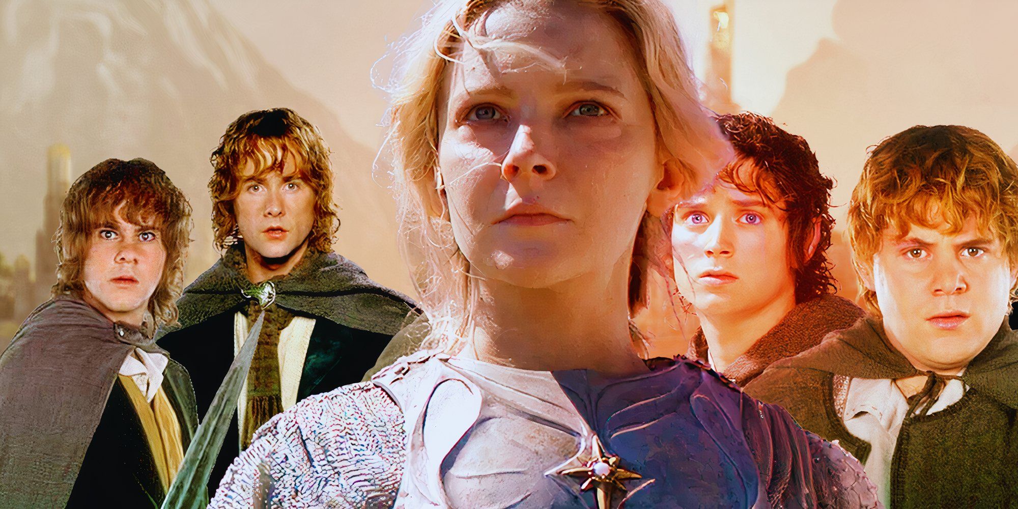 The Lord of the Rings: The Rings Of Power Galadriel played by Morfydd Clark with hobbits Frodo and Pippin in the background.