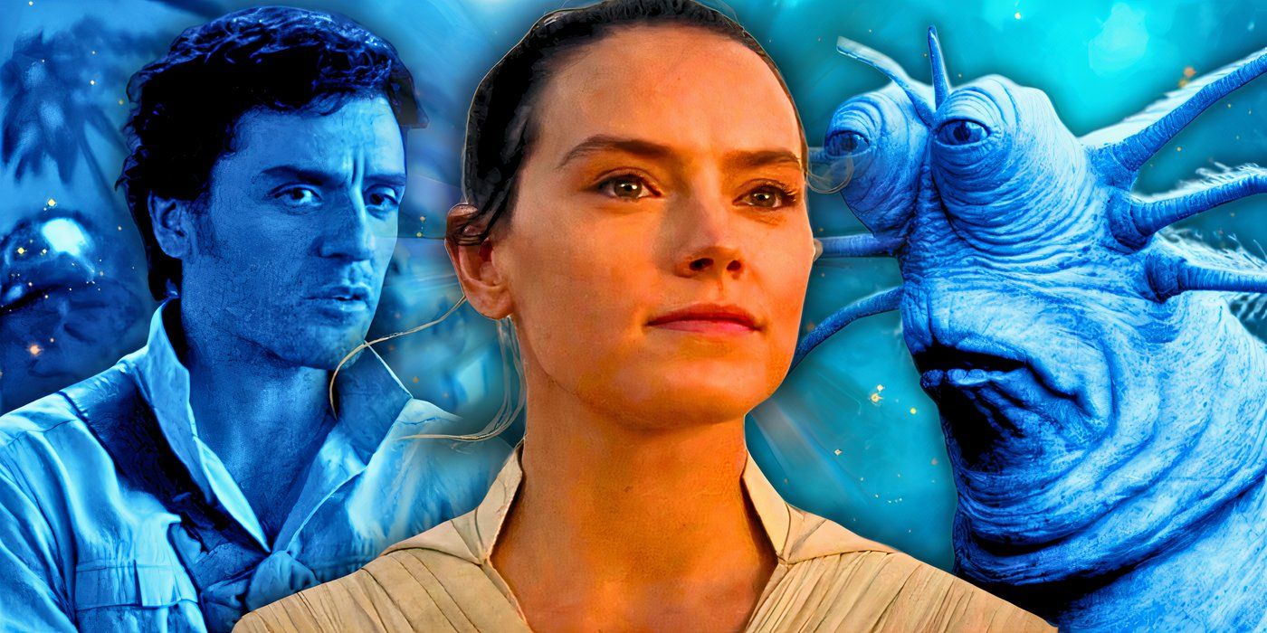 Daisy Ridley's Rey Skywalker smiles, edited over Oscar Isaac's Poe Dameron and the slug Klaud