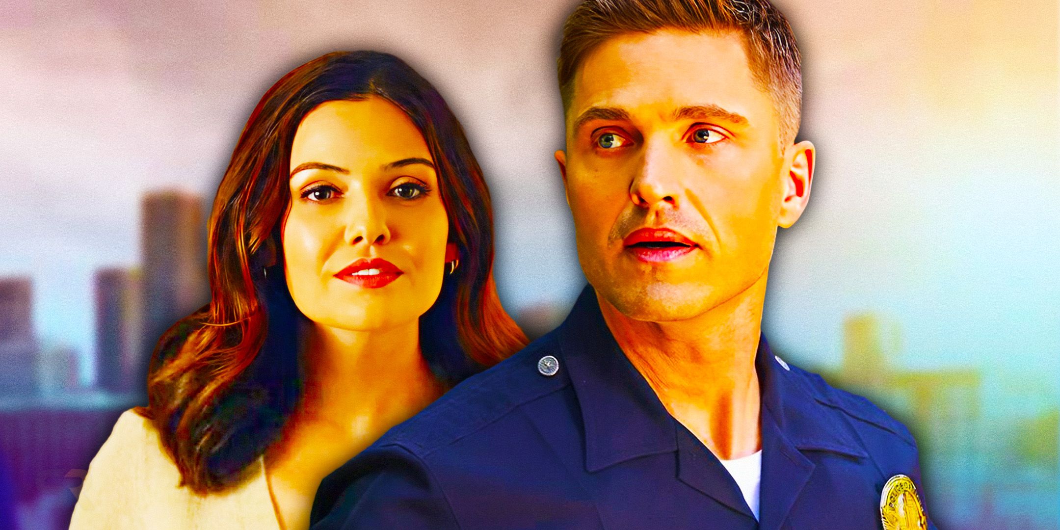 Eric Winter as Tim Bradford and Danielle Campbell as Blair London in The Rookie.