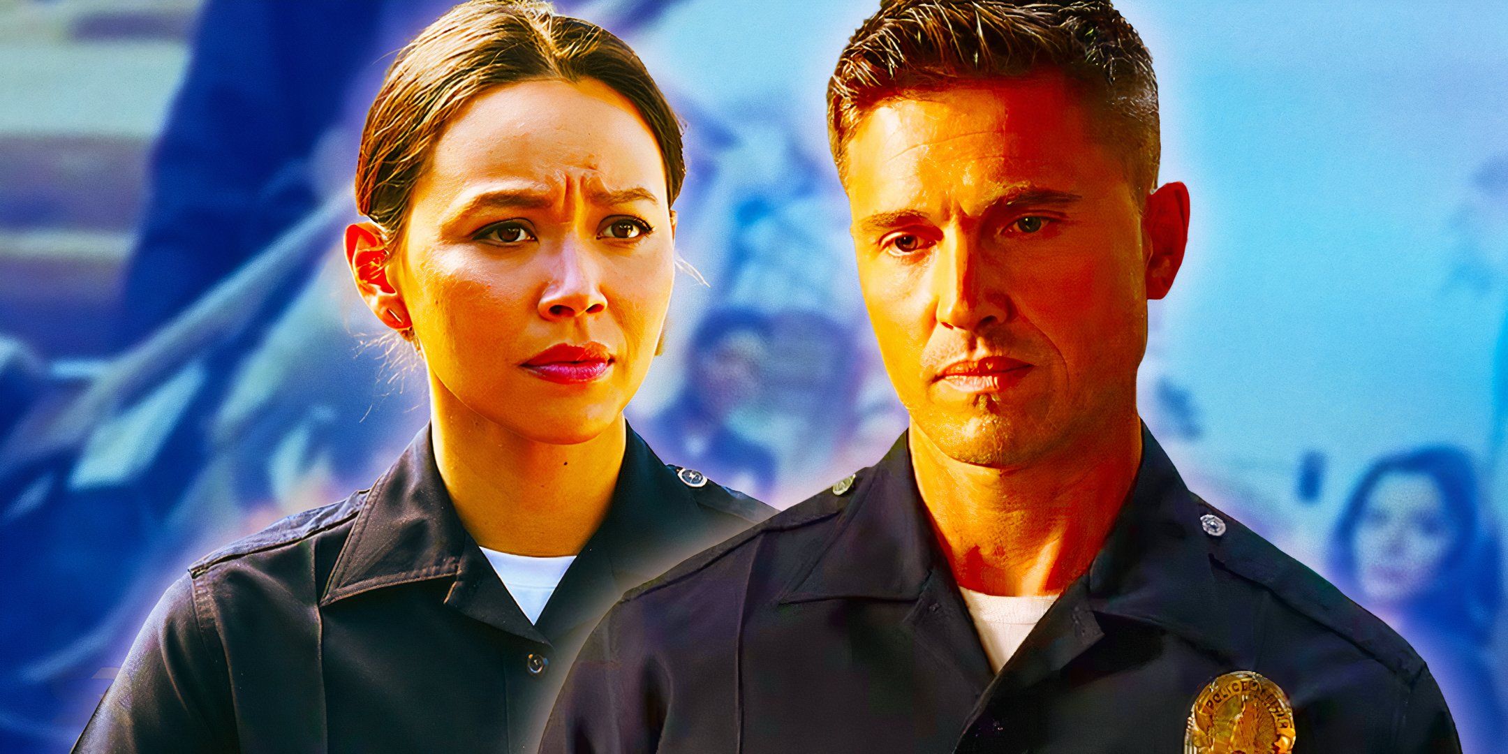 Melissa O'Neil as Lucy Chen and Eric Winter as Tim Bradford in The Rookie.