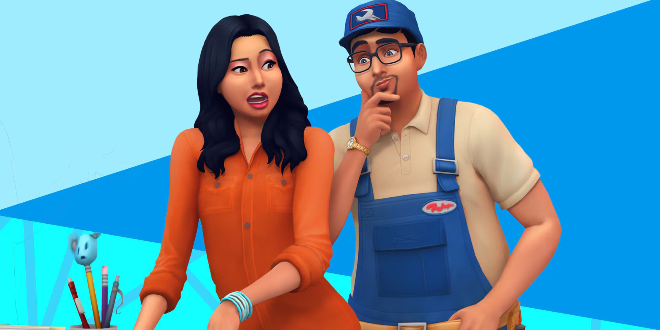 Two characters from the Sims 4 working on a crafting project.