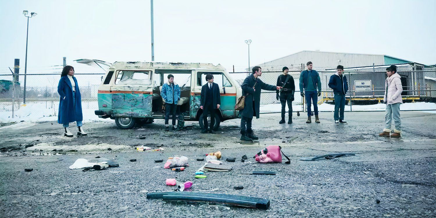 The Umbrella Academy season 4 Hargreeves and Lila next to Wanda the van