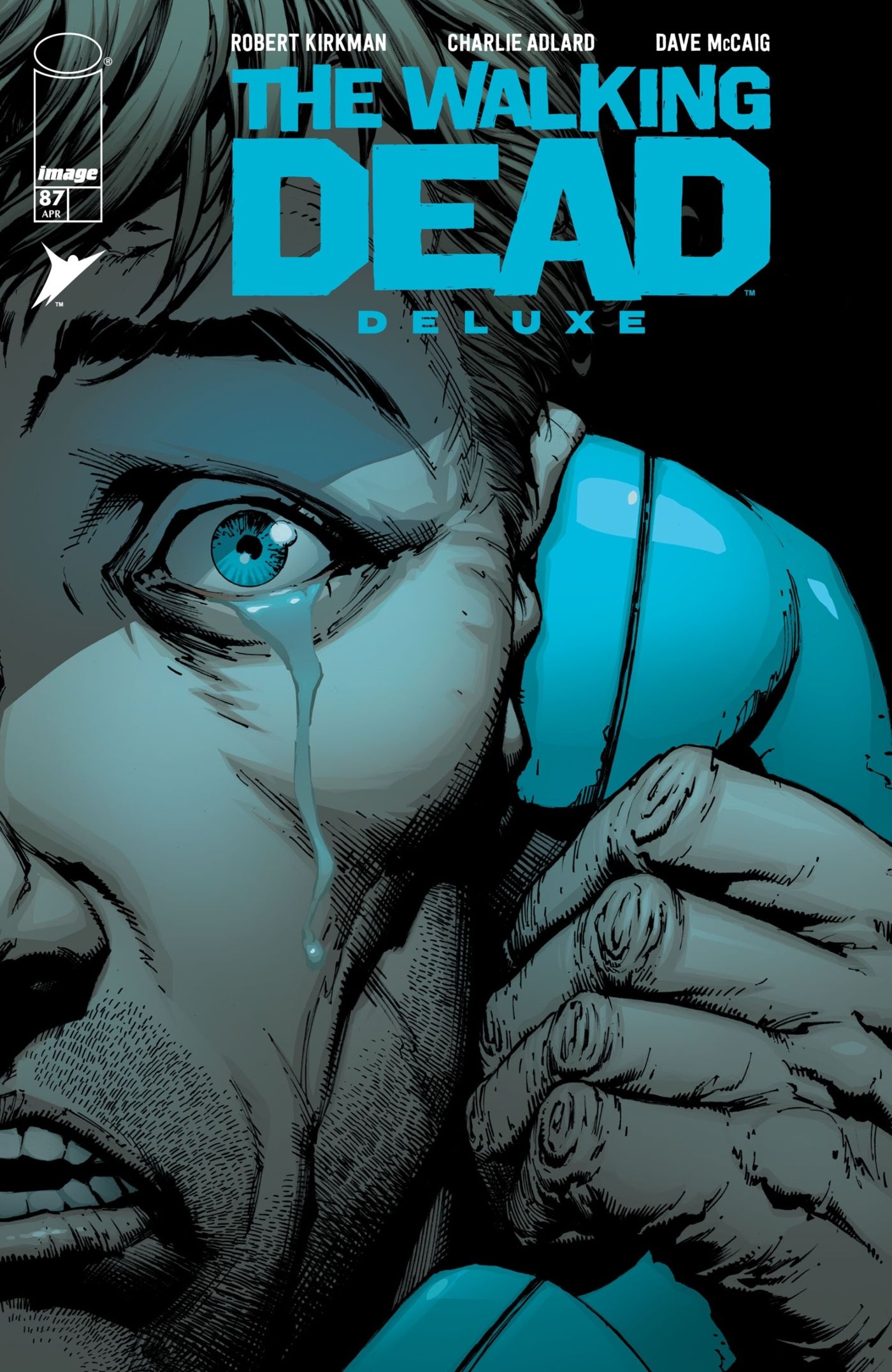 The Walking Dead Deluxe #87 cover featuring Rick crying on the phone.