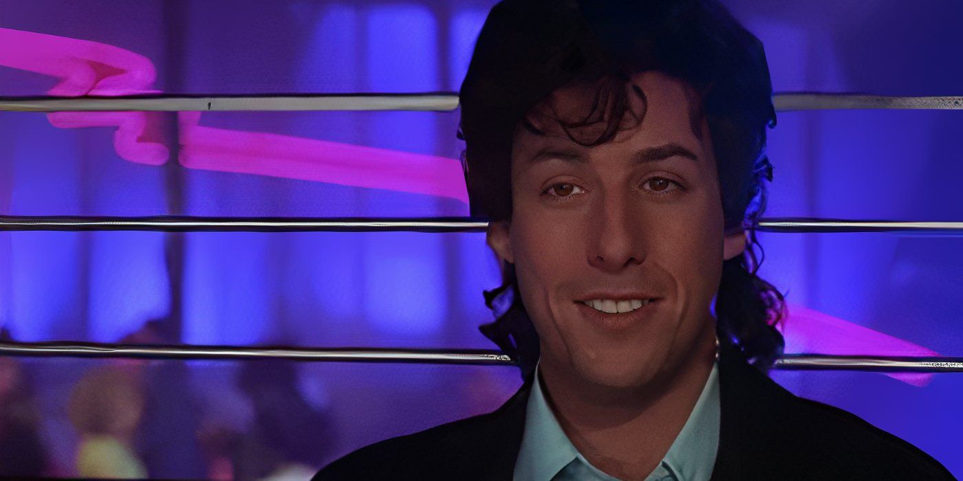 Adam Sandler as Robbie Hart stood in a nightclub in The Wedding Singer.