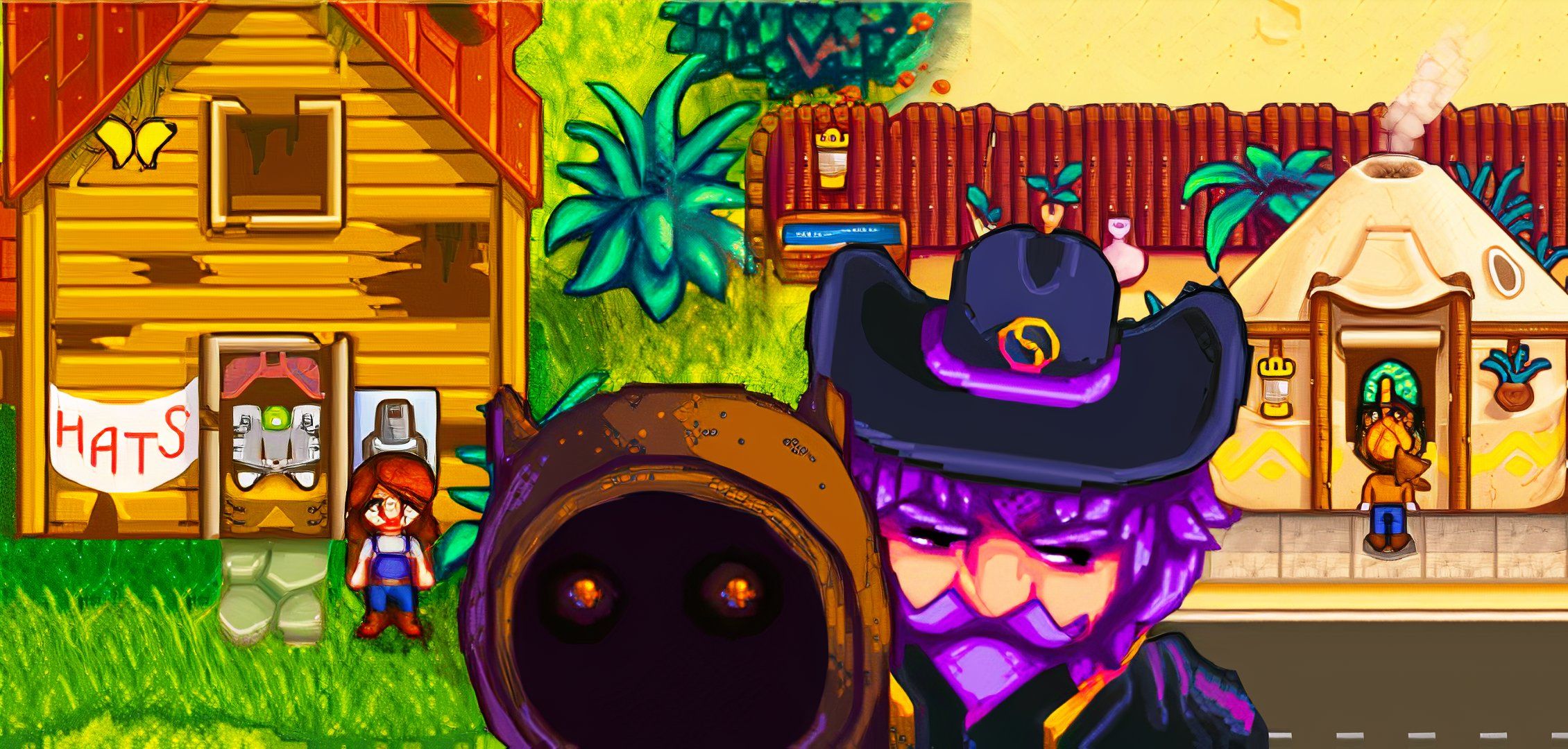 The wizard and the dwarf from Stardew Valley, with the Desert Trader and Hat Mouse.