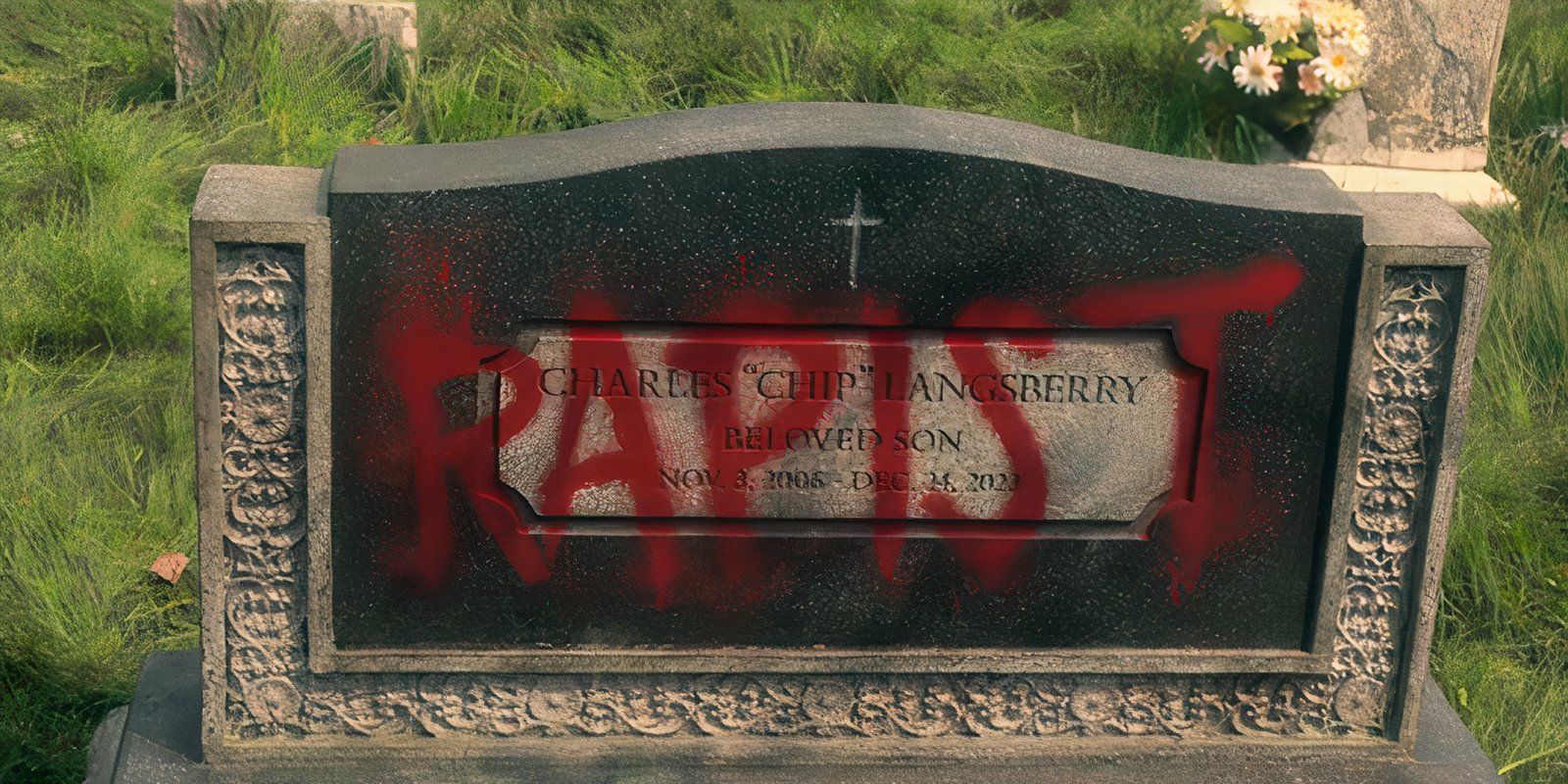 The word "rapist" is written across a gravestone in Pretty Little Liars Summer School