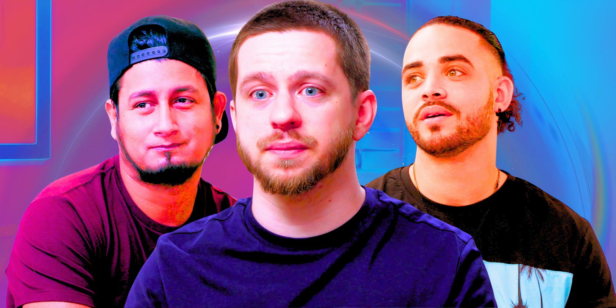 Three 90 Day Fiance men show serious expressions on their faces.