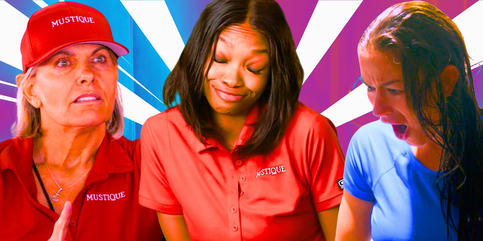 Below Deck&rsquo;s Aesha Scott has her mouth wide open in shock; Captain Sandy looks off into the distance; and Tumi Mhlongo has her eyes closed