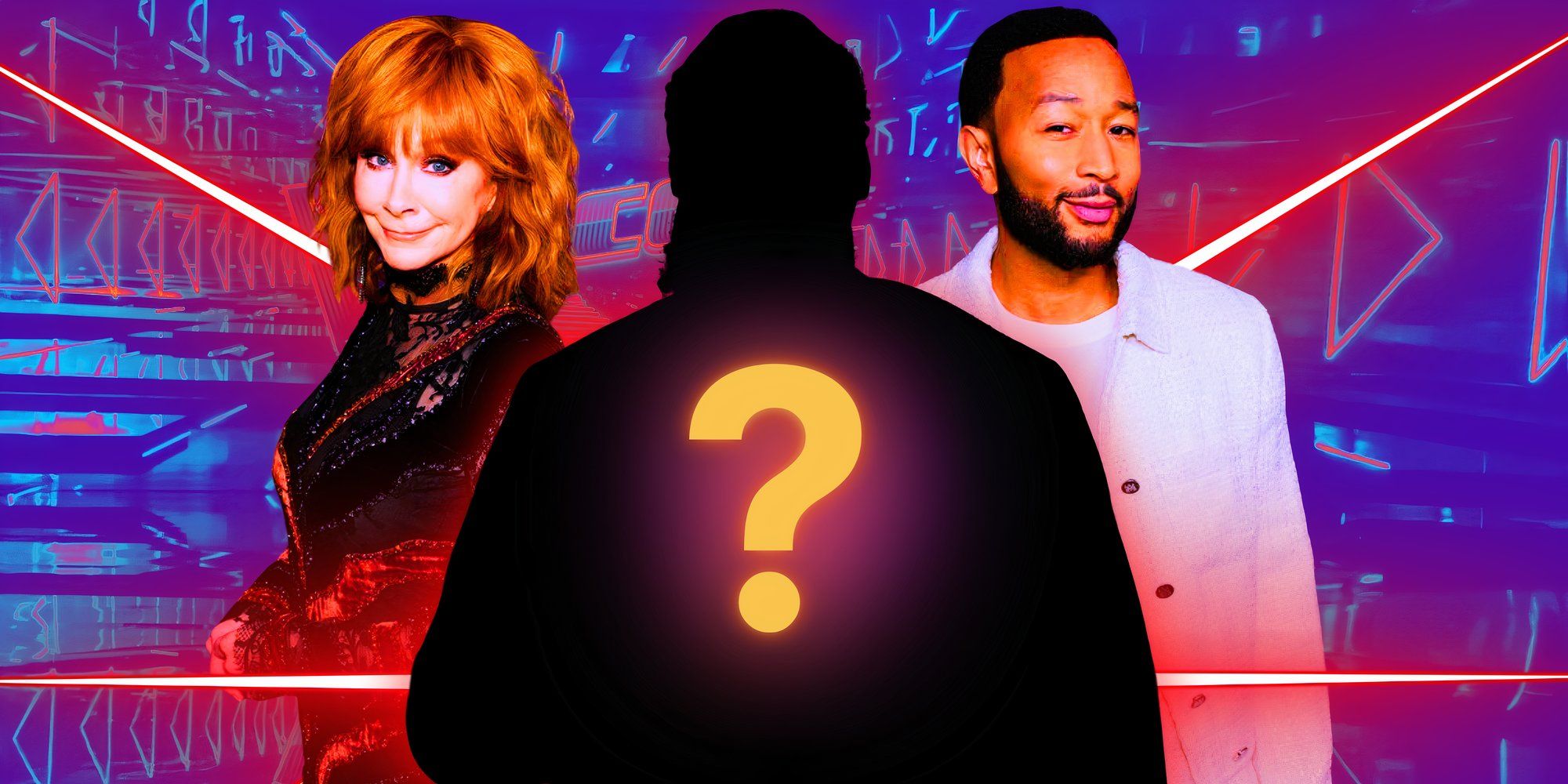 A mystery figure is flanked by The Voice's Reba McEntire and John Legend.