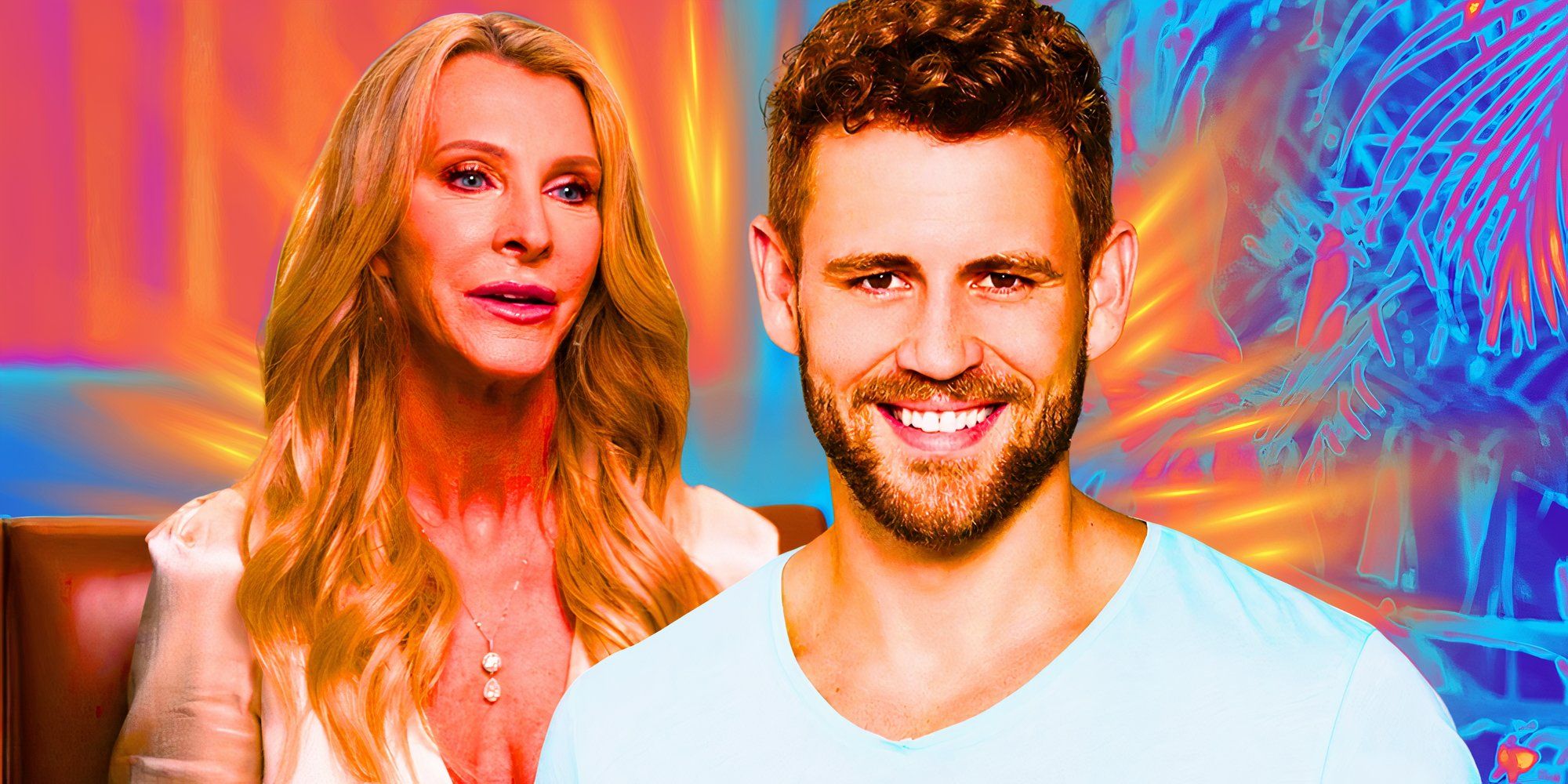 The Golden Bachelor&rsquo;s Joan Vassos talks, and The Bachelor&rsquo;s Nick Viall smiles.