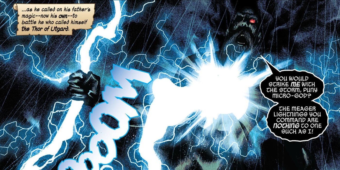 Thor using the All-Power to fight Toranos.