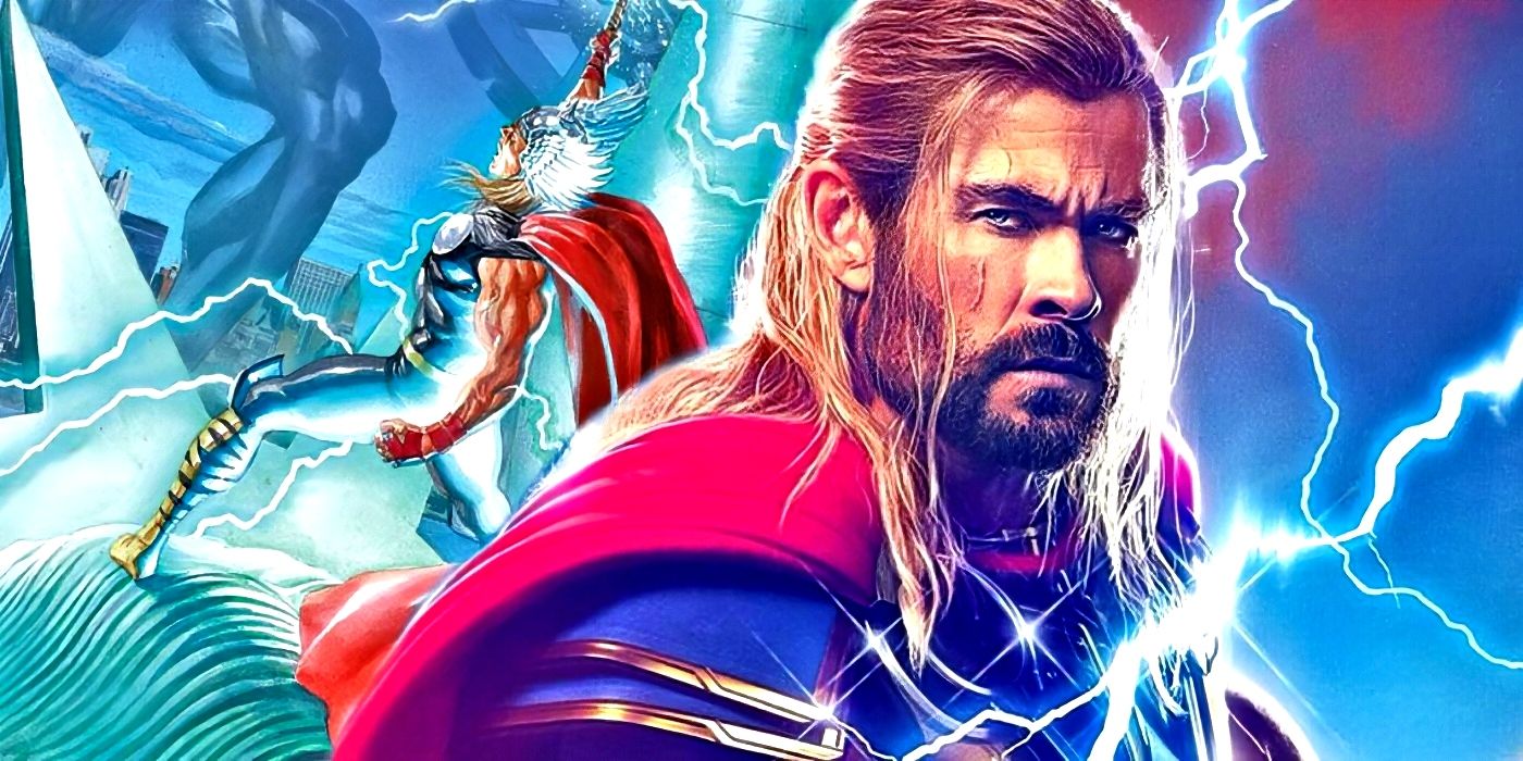 MCU Thor with Marvel Comics' Thor wielding the All-Power behind him.