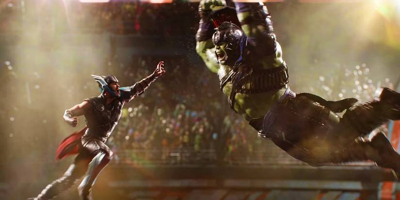 Thor and the Hulk jumping at each other in Thor Ragnarok