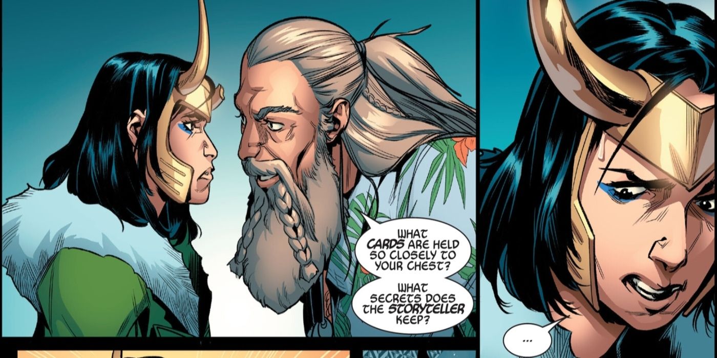 Bragi pergunta a Loki o que ele está escondendo, enquanto Loki transpira nervosamente.