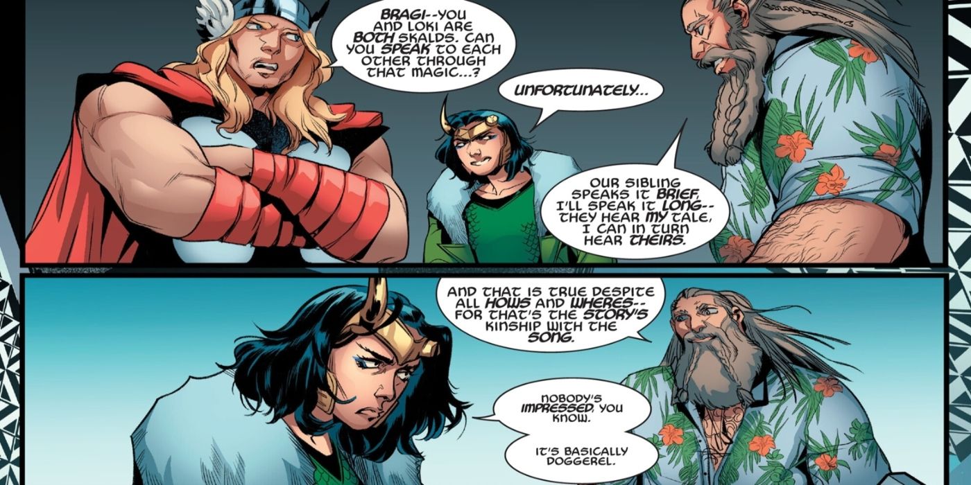 Loki e Bragi ao lado de Thor, comparando suas respectivas posições como ‘Deuses das Histórias’.