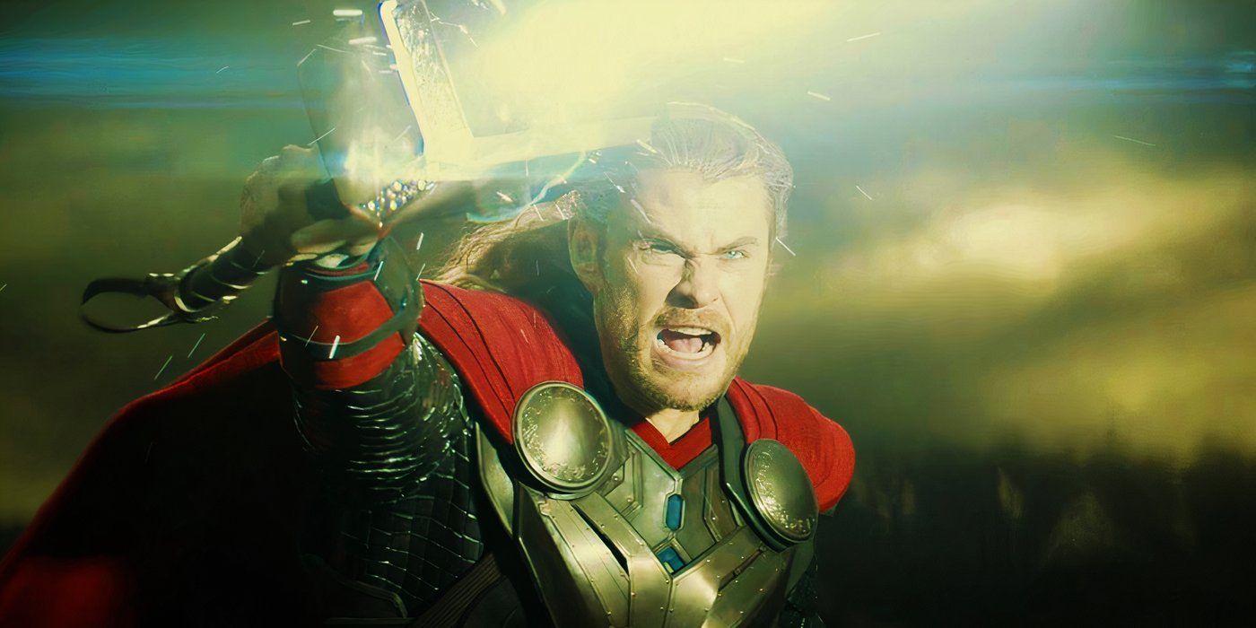 Thor trying to destroy the Aether with Mjolnir in Thor The Dark World