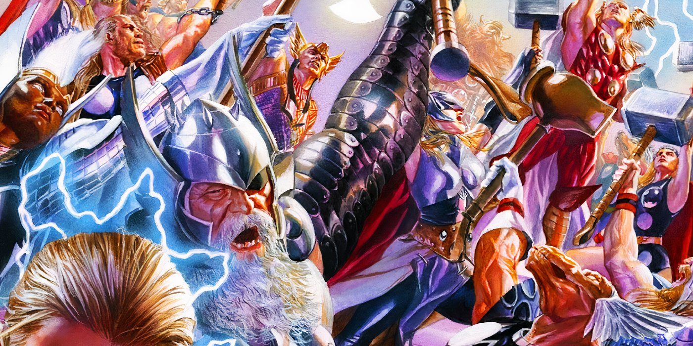 Variantes de Thor torcendo pelo Thor Corps nas Guerras Secretas de 2015