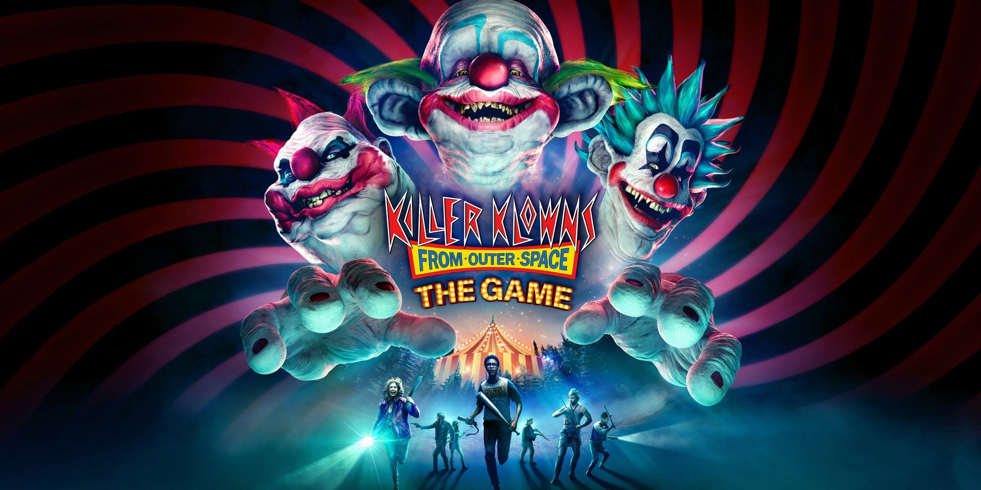 Three clowns with painted faces loom above a group of people, all of whom are running away from a circus tent and clutching weapons. The logo for Killer Klowns from Outer Space The Game appears in the center.
