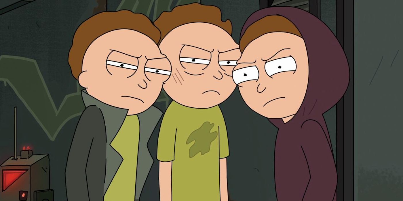 Três Mortys parecendo zangados em Rick e Morty