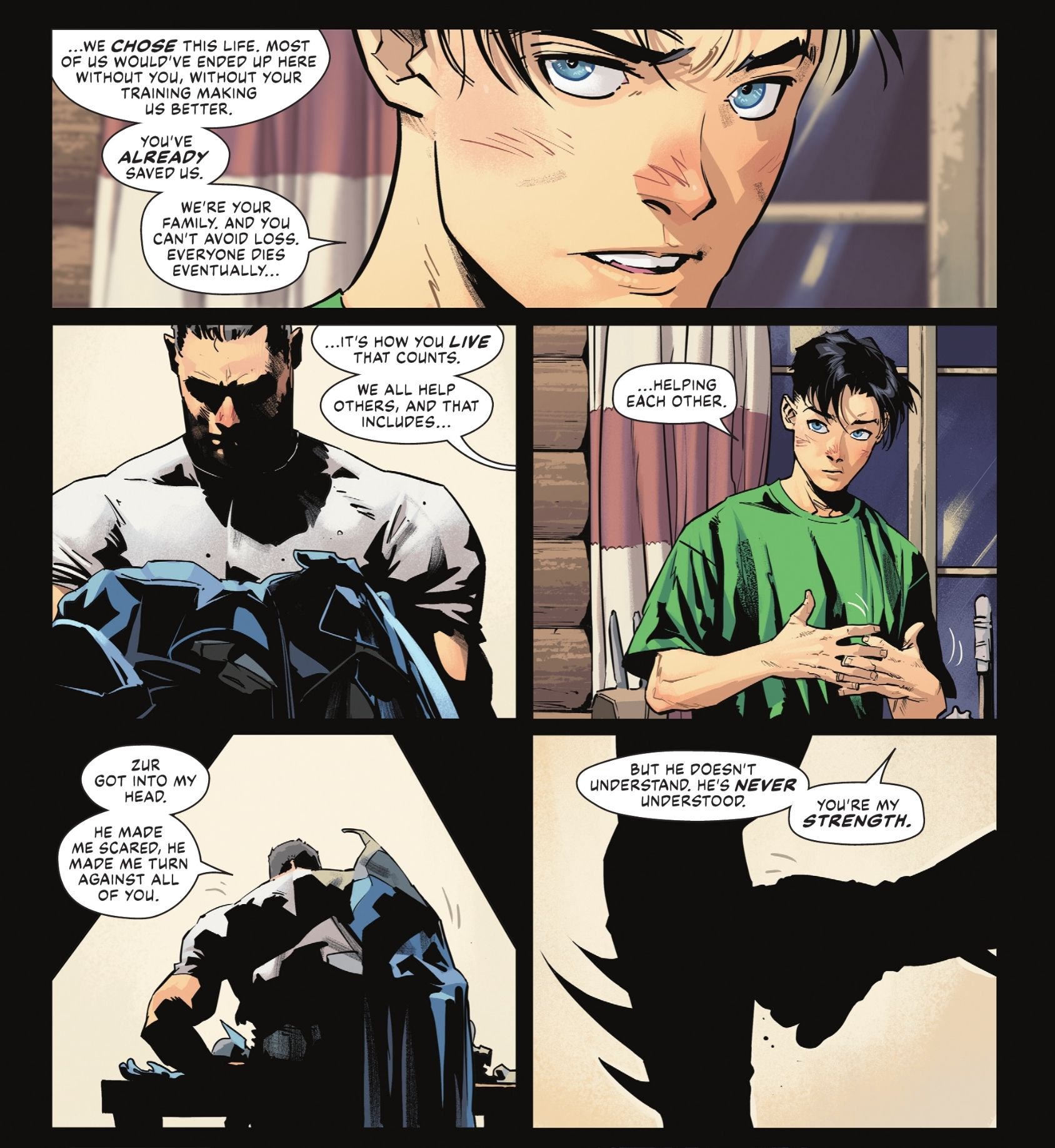 Tim lembra ao Batman que sua família está lá para apoiá-lo e ajudá-lo.