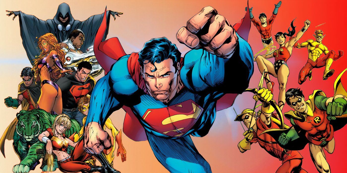 Tim Drake's 2003 Teen Titans team is featured on the left and Dick Grayson's Teen Titans team is on the right with Superman flying towards the viewer from the center