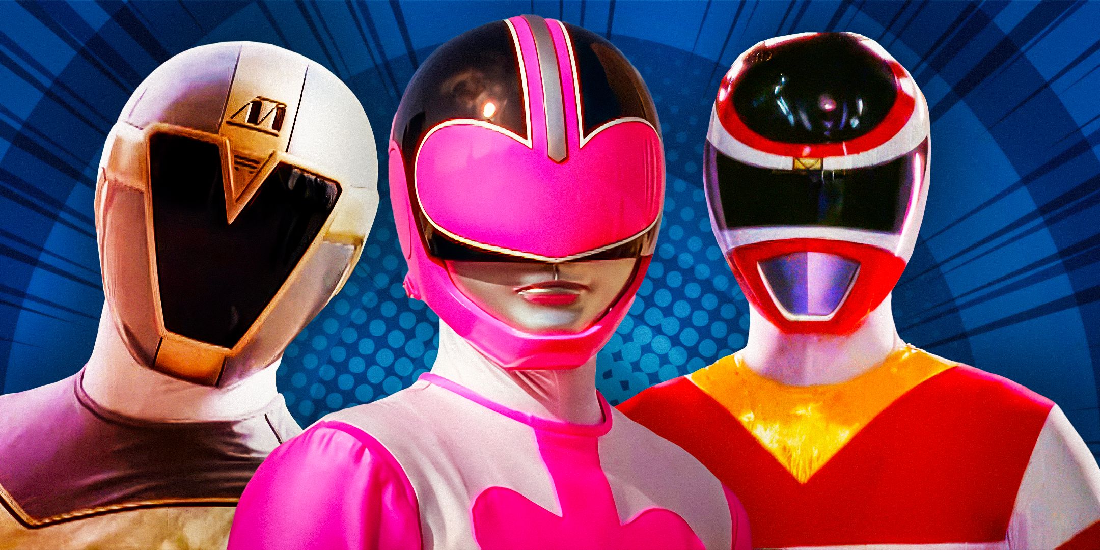 Time Force Pink Ranger, In Space Red Ranger, and Lightspeed Rescue Titanium Ranger
