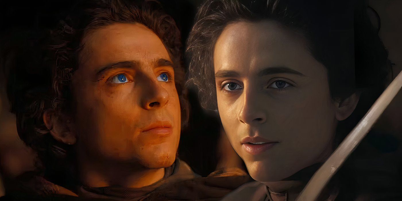 Timothee Chalamet as Paul Atreides Looking Up with Blue Eyes next to Paul holding a crysknife in Dune Part Two