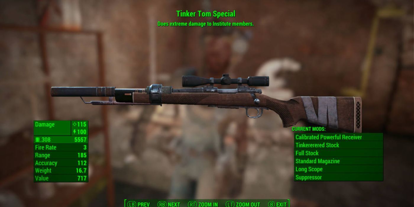 Jogador pegando Tinker Tom Special e olhando as especificações das armas em Fallout 4.