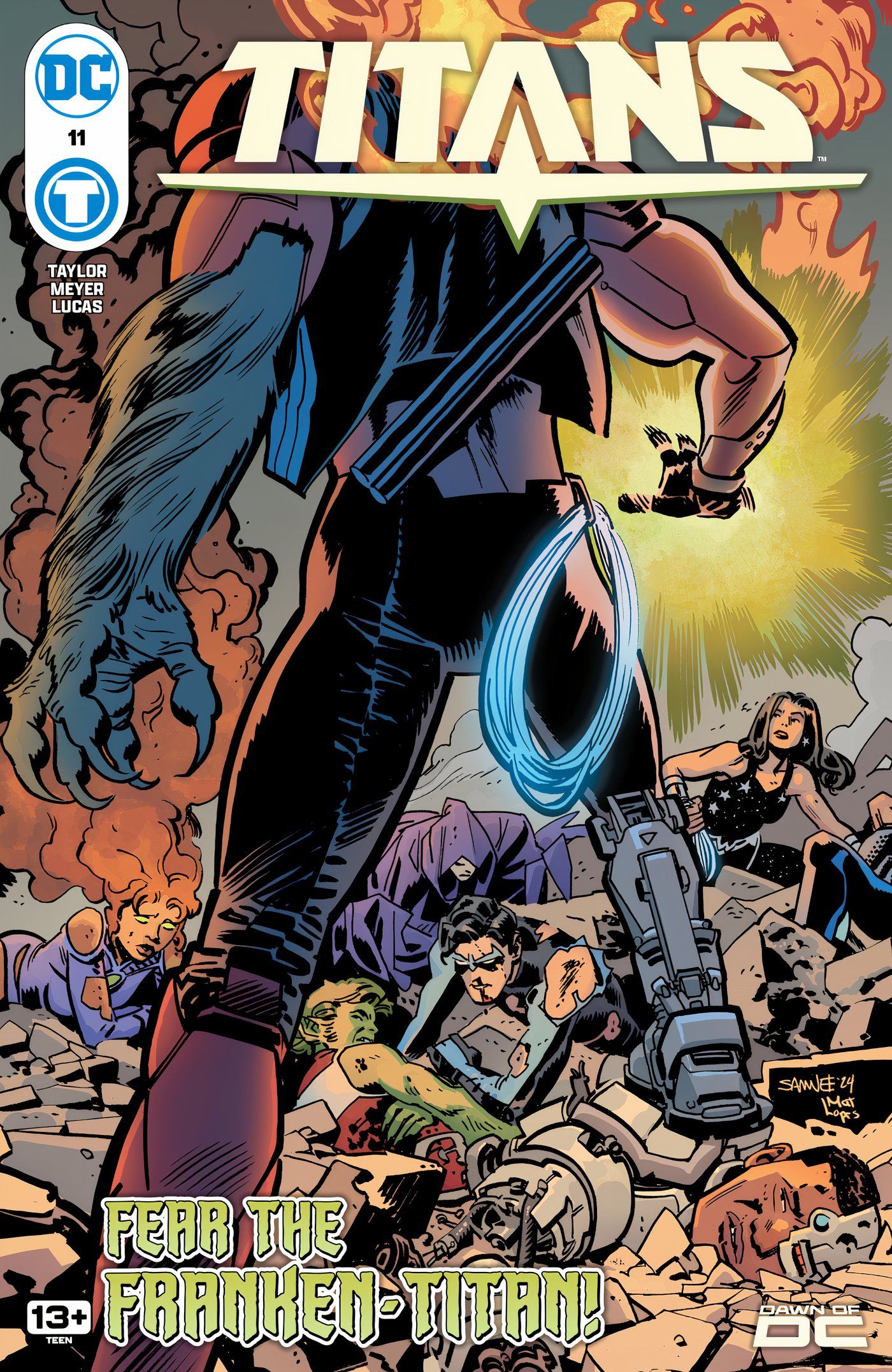 Titans 11 Main Cover: Vanadia's back approaches the fallen Titans, including Nightwing.